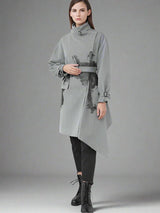 Stand-collar striped print asymmetrical trench coat