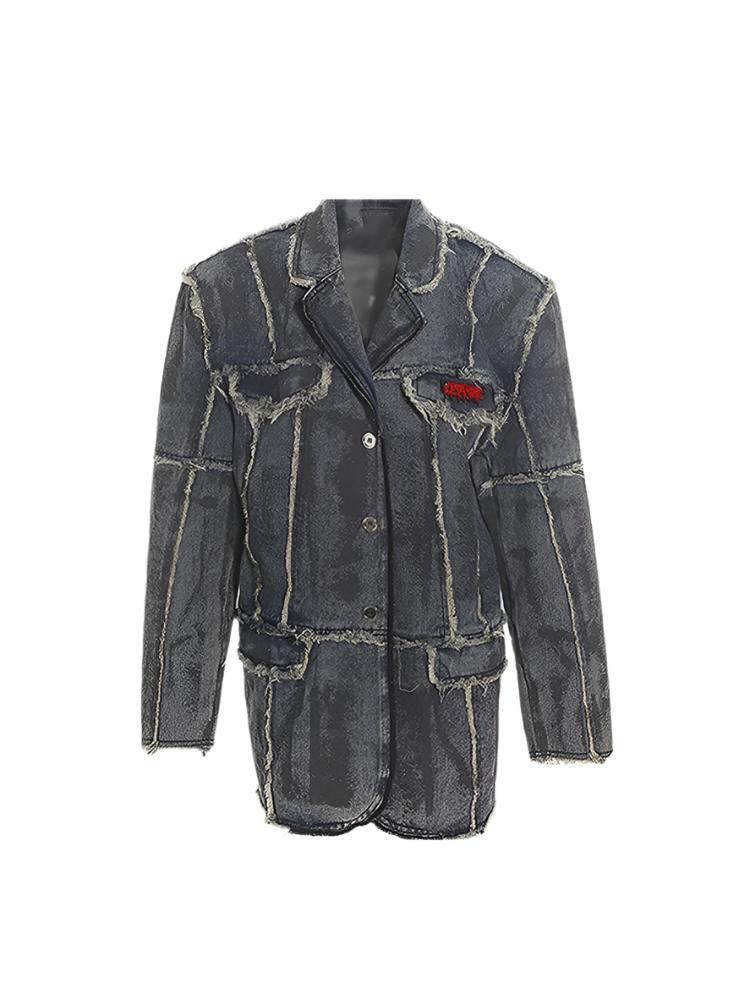 Distressed washed denim blazer with raw edges