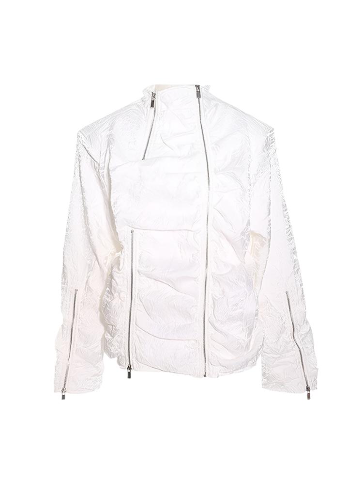 Double-Zip textured ruched oversized shoulder Jacket