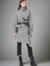 Stand-collar striped print asymmetrical trench coat