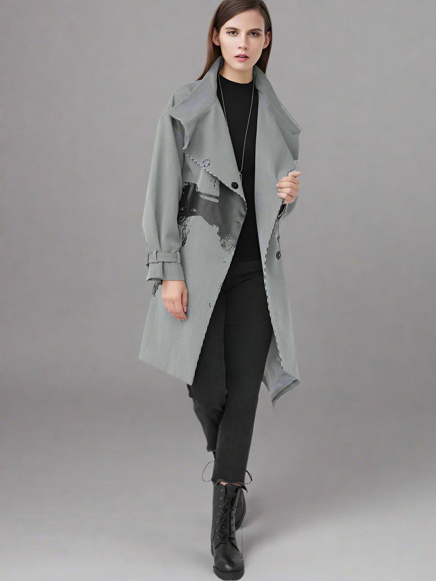 Stand-collar striped print asymmetrical trench coat