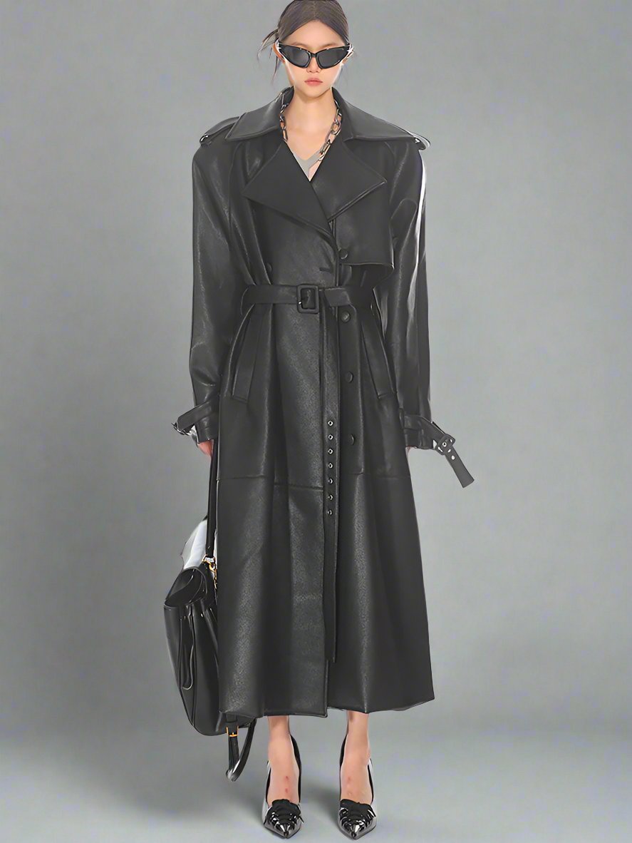 Black silhouette tie waist PU leather coat