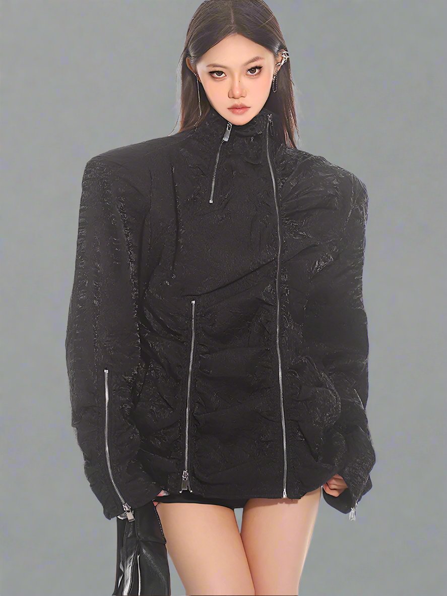 Double-Zip textured ruched oversized shoulder Jacket