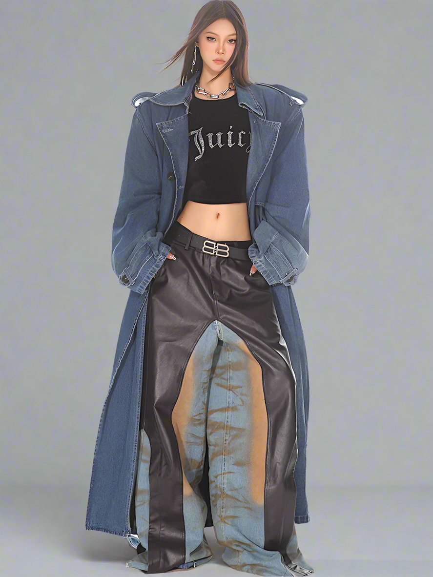 Double breasted denim trench coat