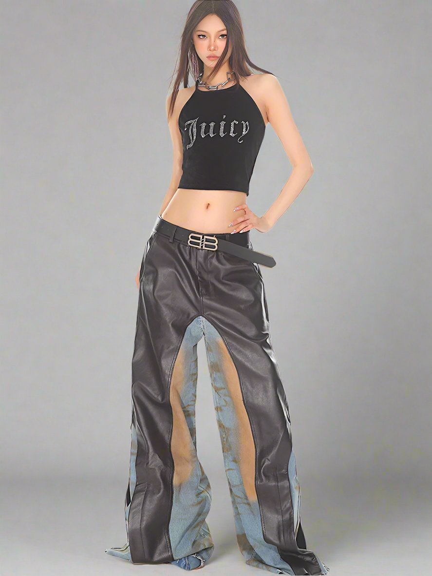 Leather patchwork wide-leg Pants