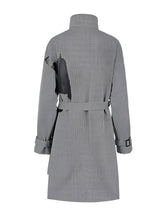 Stand-collar striped print asymmetrical trench coat