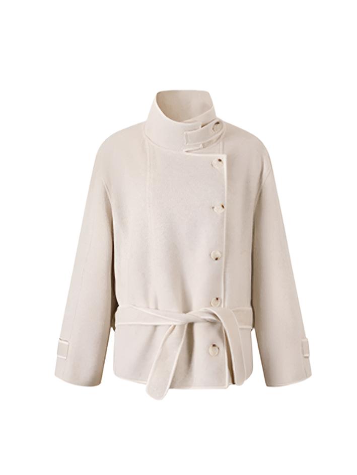 Stand-up collar silhouette belt tweed jacket