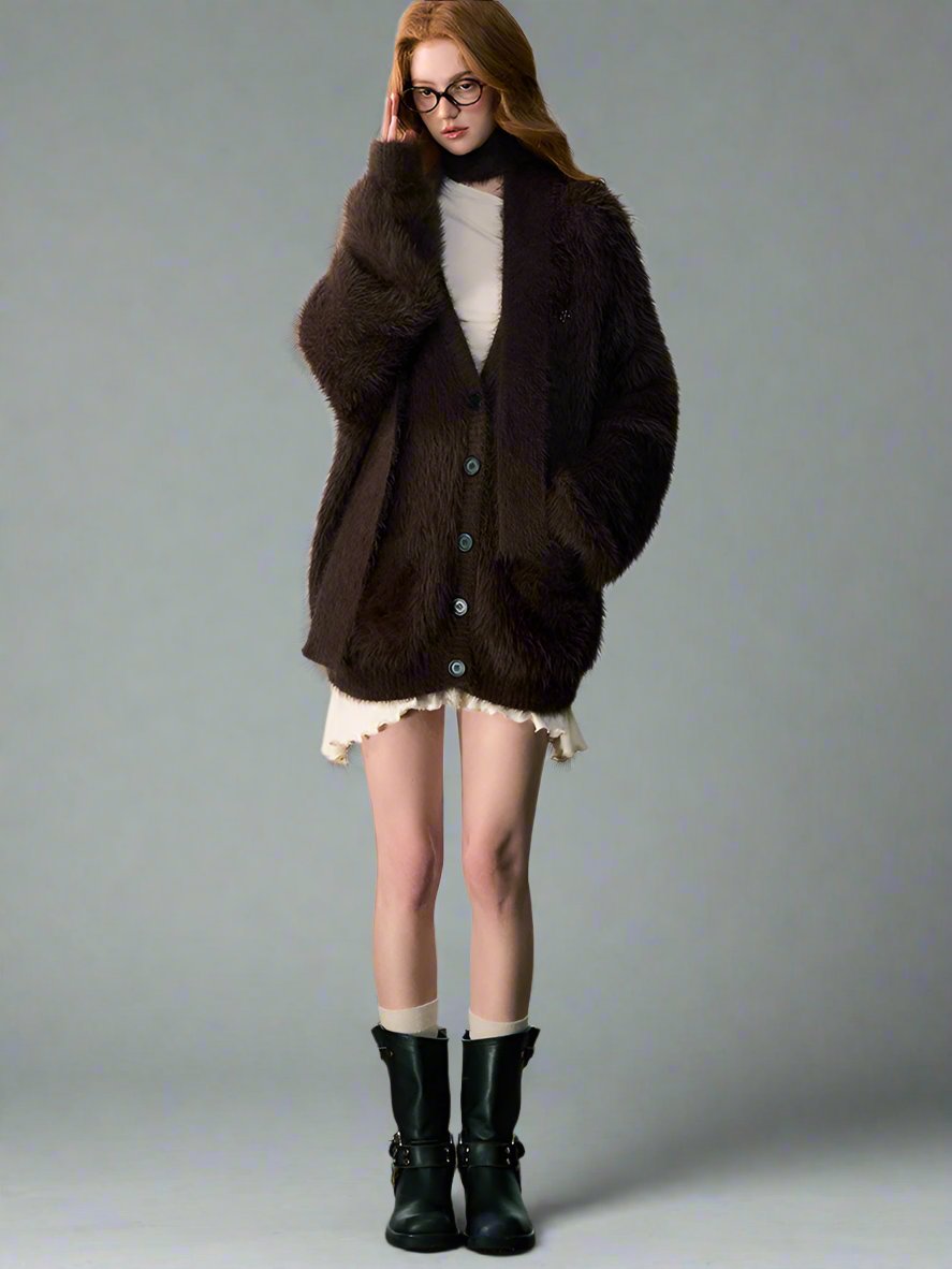 Slouch thickened imitation mink fur cardigan