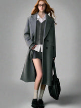 Gray lapel-collar double-breasted woolen coat