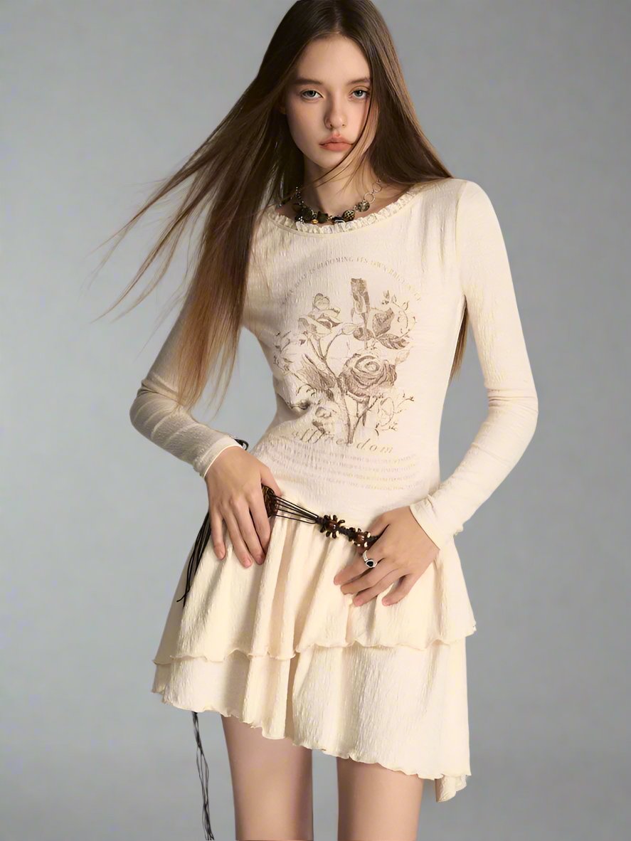 Irregular lace waist slim long-sleeved dress