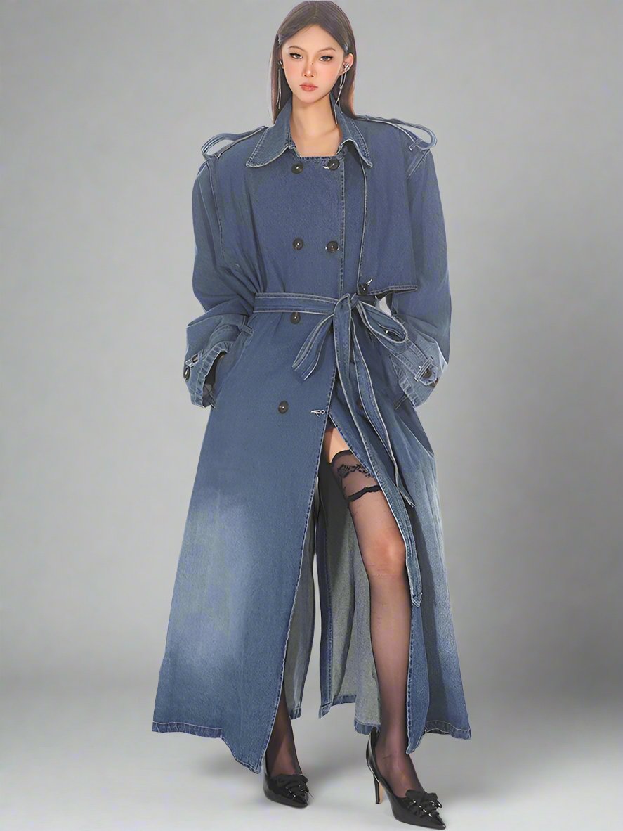 Double breasted denim trench coat