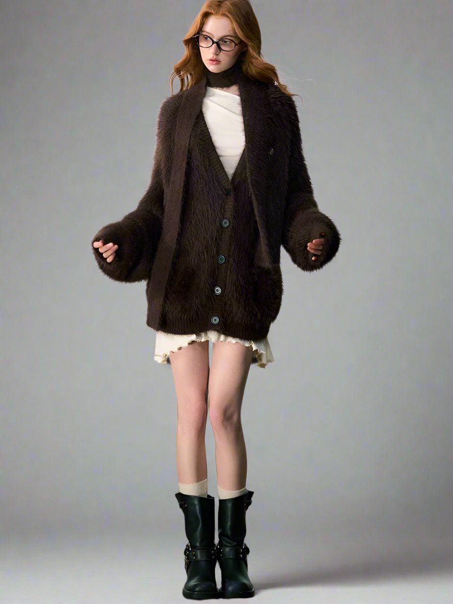 Slouch thickened imitation mink fur cardigan