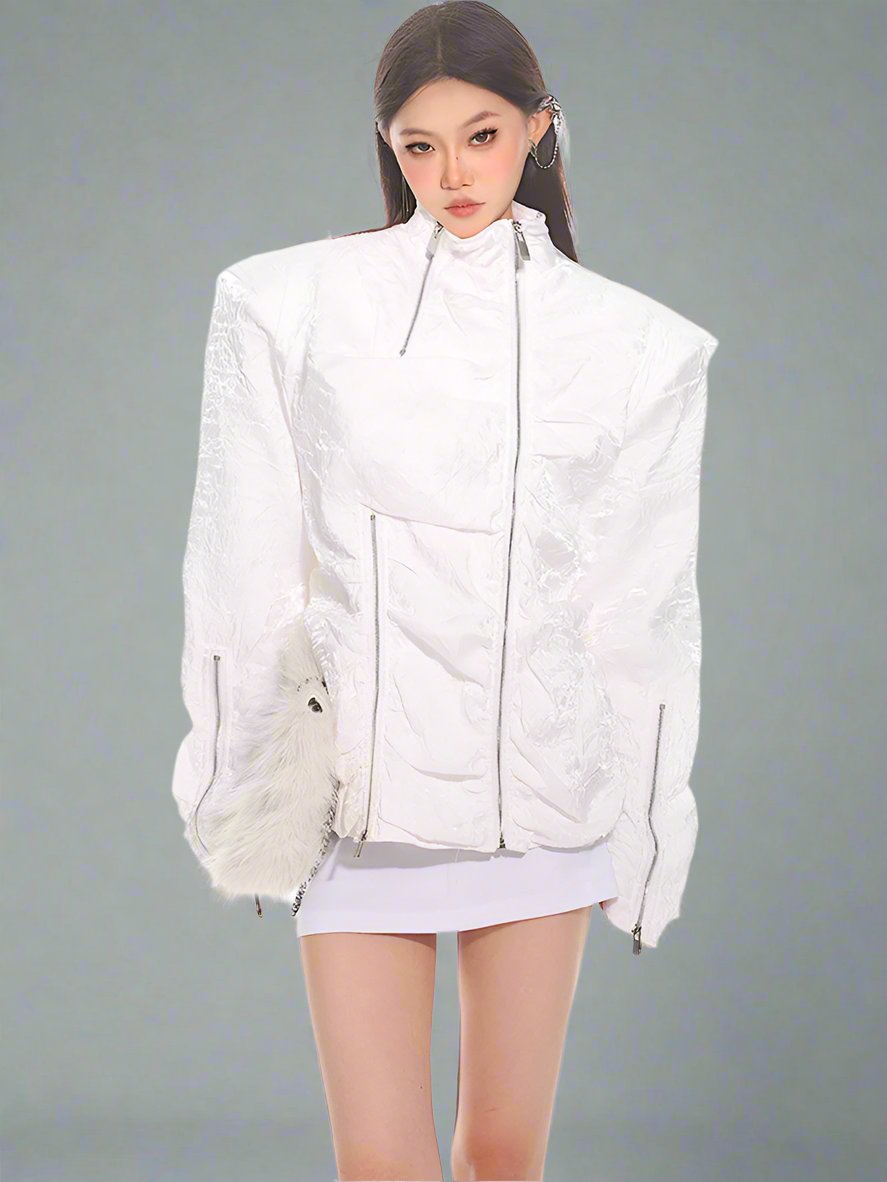 Double-Zip textured ruched oversized shoulder Jacket