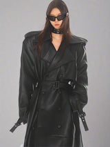 Black silhouette tie waist PU leather coat