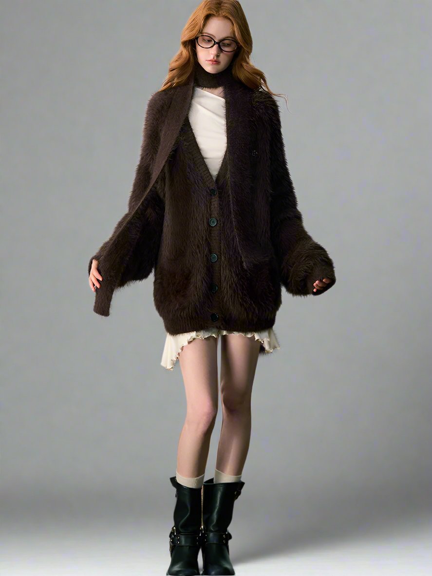 Slouch thickened imitation mink fur cardigan