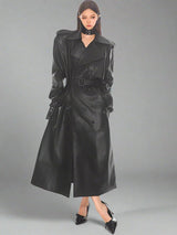 Black silhouette tie waist PU leather coat