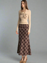 Retro stitched purple brown check long mermaid skirt