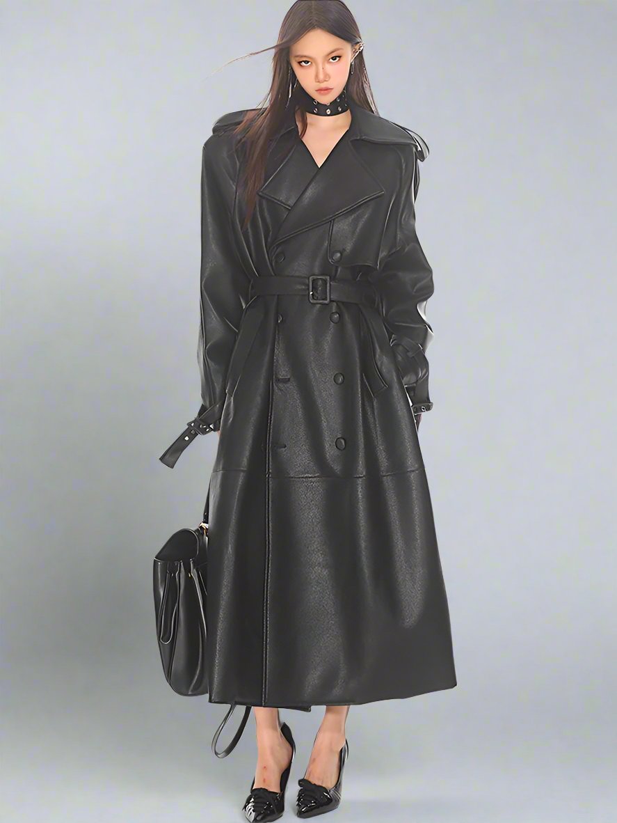 Black silhouette tie waist PU leather coat