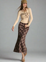 Retro stitched purple brown check long mermaid skirt