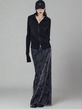 Mottled print grey velvet slit long skirt