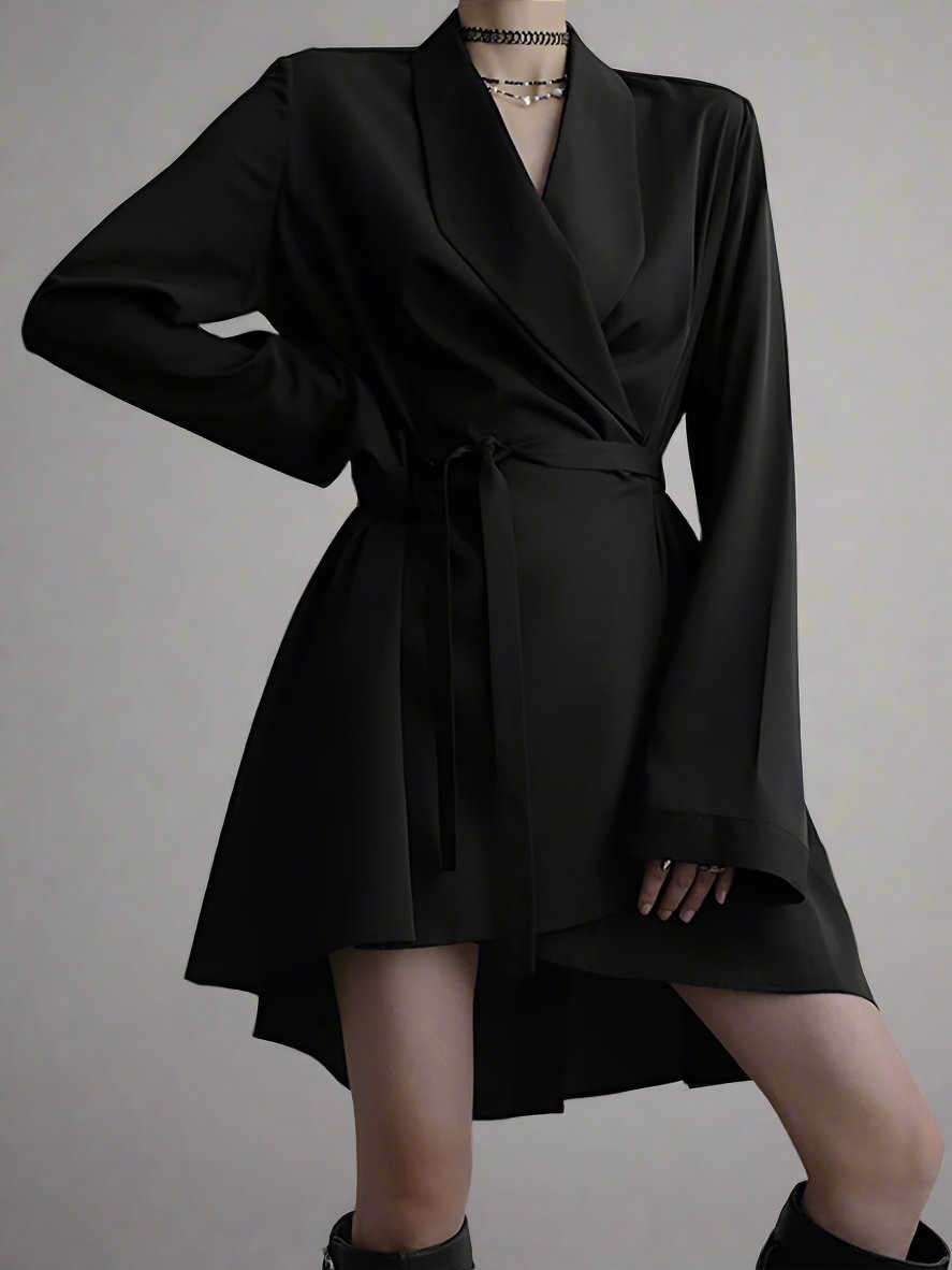 Blunt collar tie waist long sleeve dress