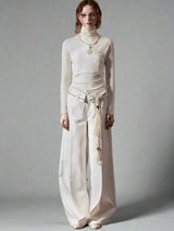 Contrasting flip waist pleated wide-leg pants