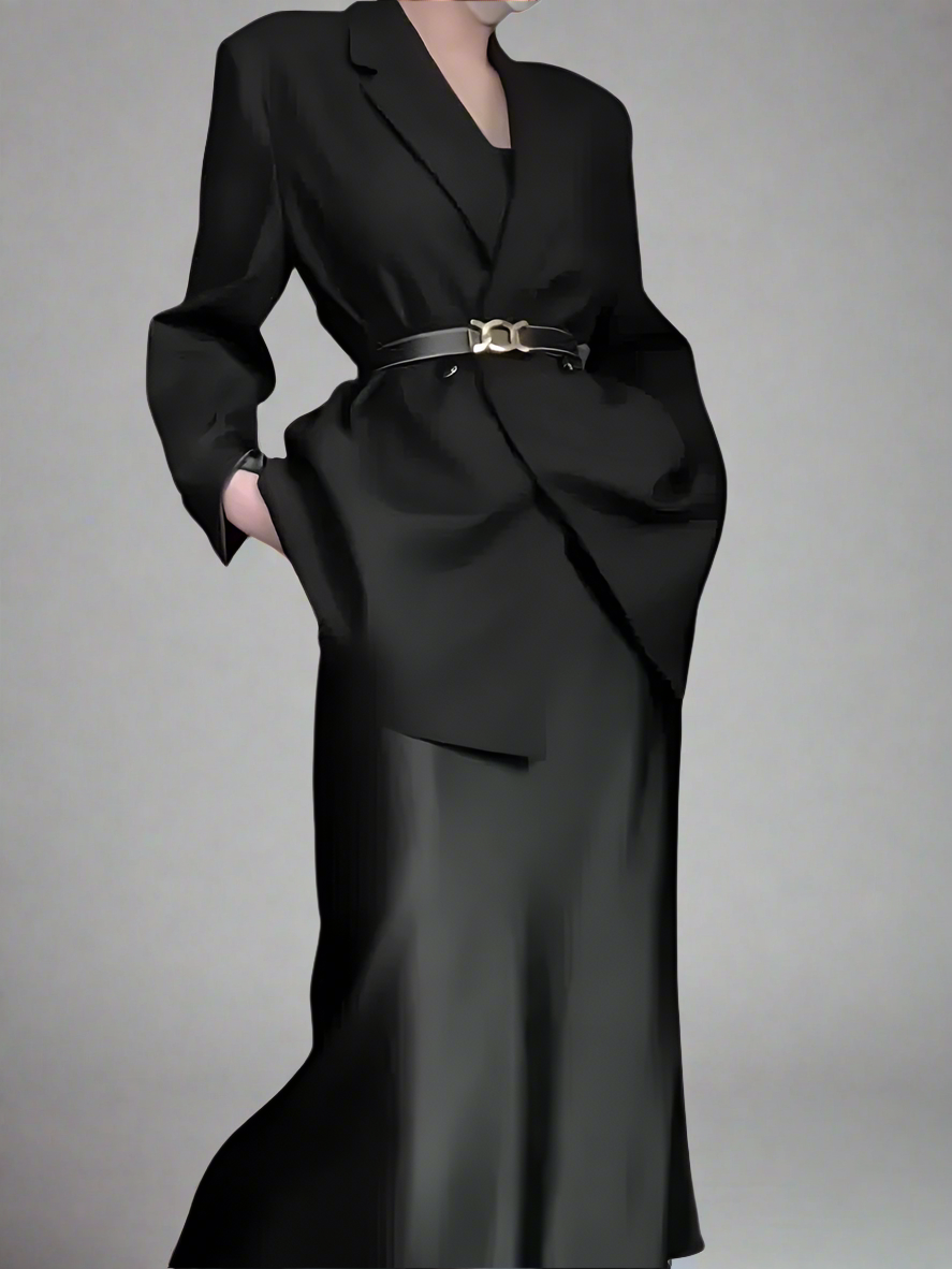 Elegant style with a black blazer and long skirt