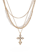 Multi-layered pearl cross necklace