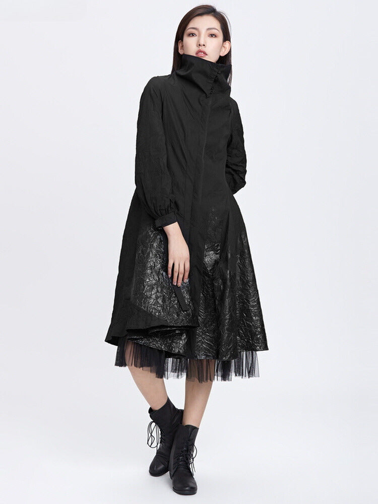 Pleated mesh A-line trench coat