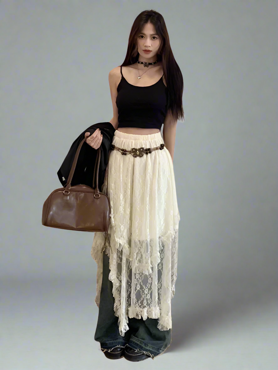 Irregular slim lace A-line midi skirt