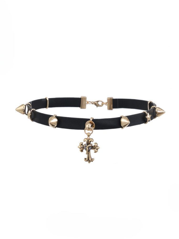 Riveted leather two-tone cross necklace