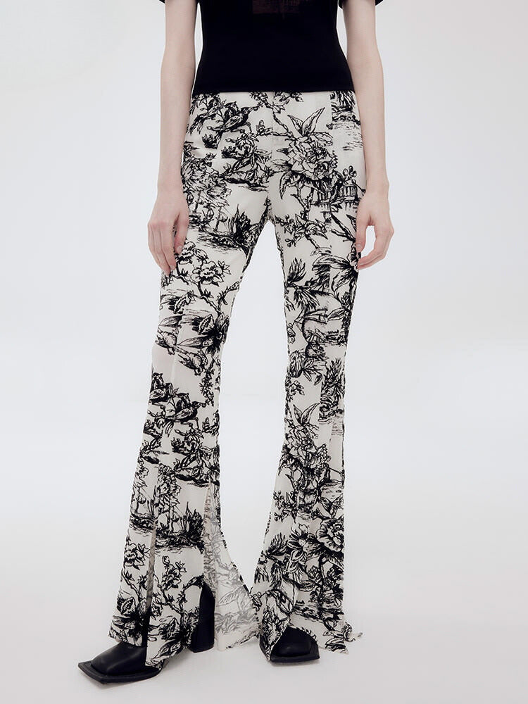 High-stretch vintage floral print flared pants