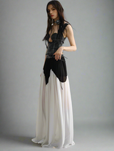 Belted extra-long chiffon pleated skirt