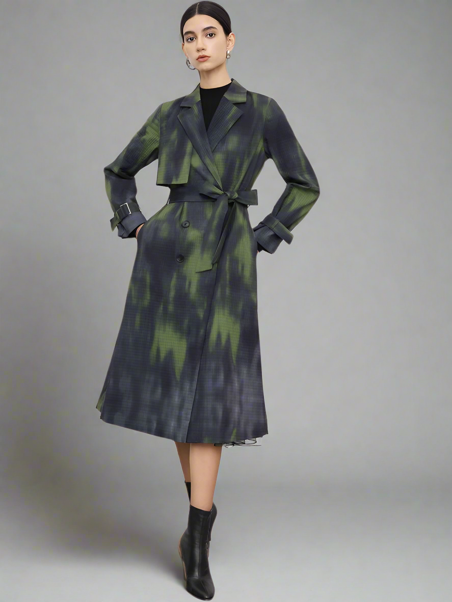 Tie-Dye cinched waist long trench coat