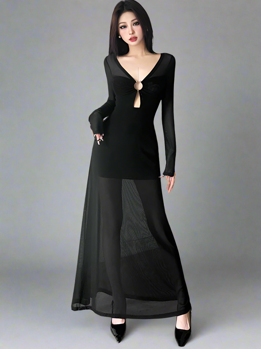 Elegant Mesh Cut-Out Waist Slimming Maxi Dress