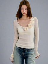 Three-dimensional rose design wool knitted top