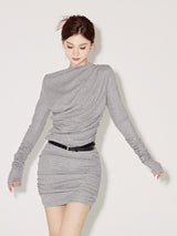 Round neck long sleeve pleated dress