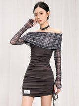 Retro plaid one-shoulder mesh dress