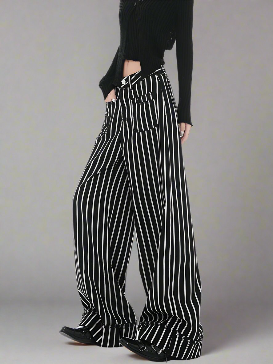 Black and white vertical stripe wide-leg jeans