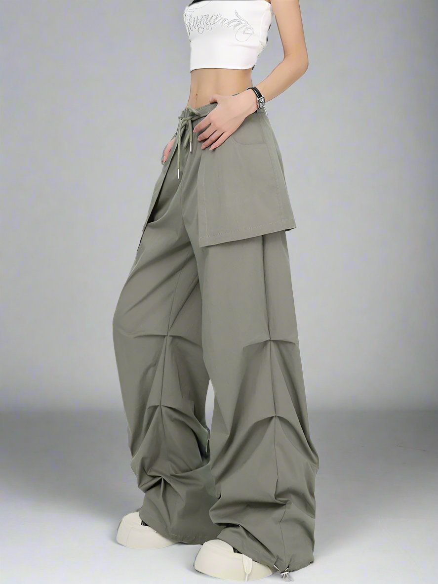 Retro green layered pleated cargo pants