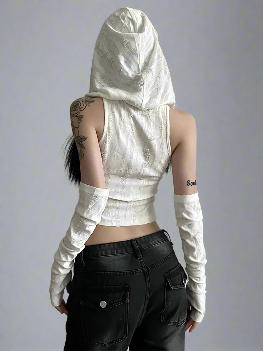 Distressed hooded sleeveless T-shirt