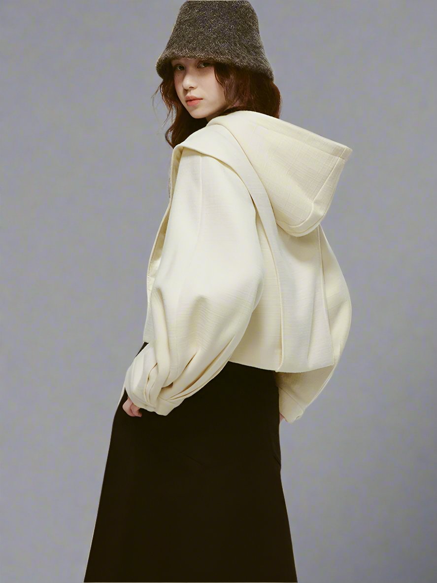 Layered lantern sleeve short hooded cloak wool Coat