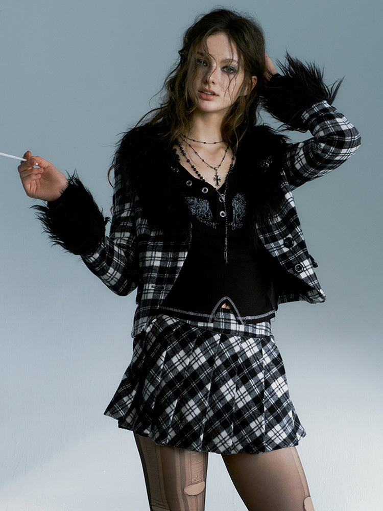 Tweed checked coat pleated skirt two-piece