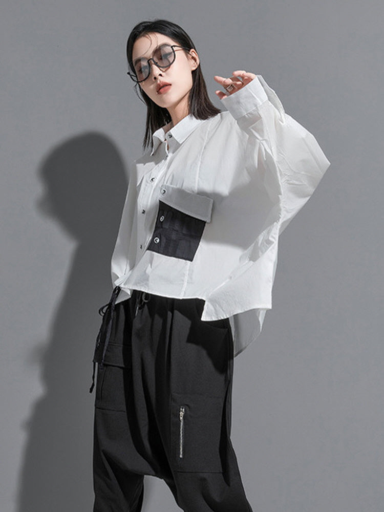 Large pockets irregular tie hem lapel shirt