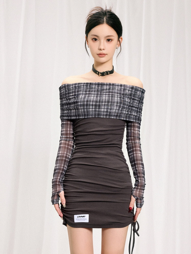 Retro plaid one-shoulder mesh dress