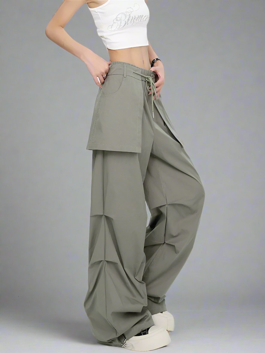 Retro green layered pleated cargo pants