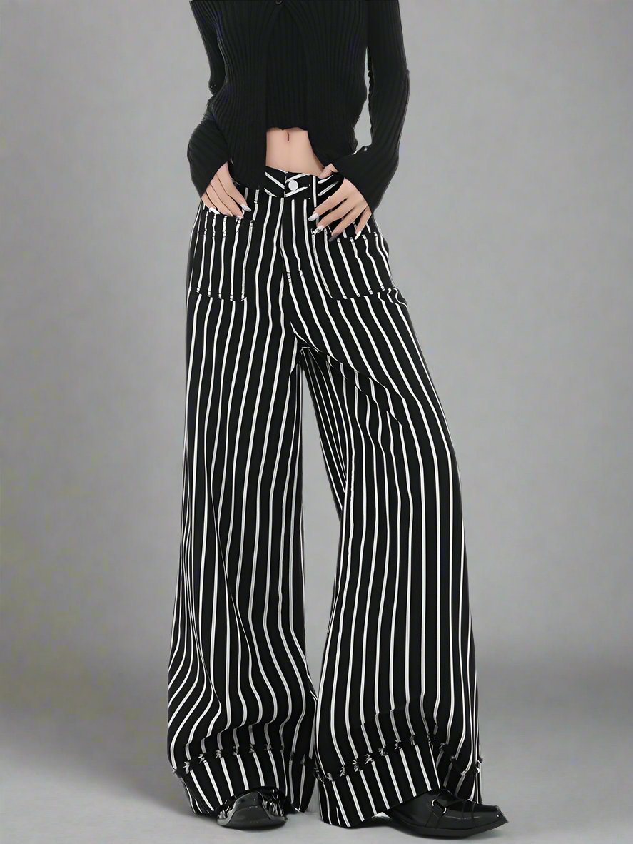 Black and white vertical stripe wide-leg jeans