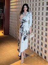 Waist-cinched ink-splashed print long dress suit