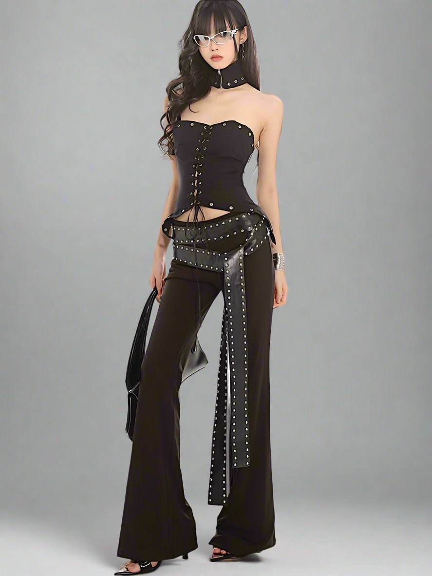 Blockbuster stud belt stretch flare pants