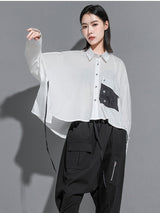 Large pockets irregular tie hem lapel shirt